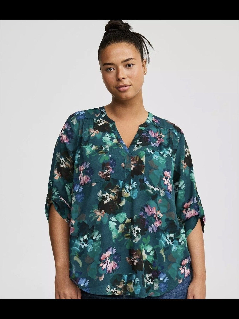 Torrid Teal Floral Split-Neck Blouse